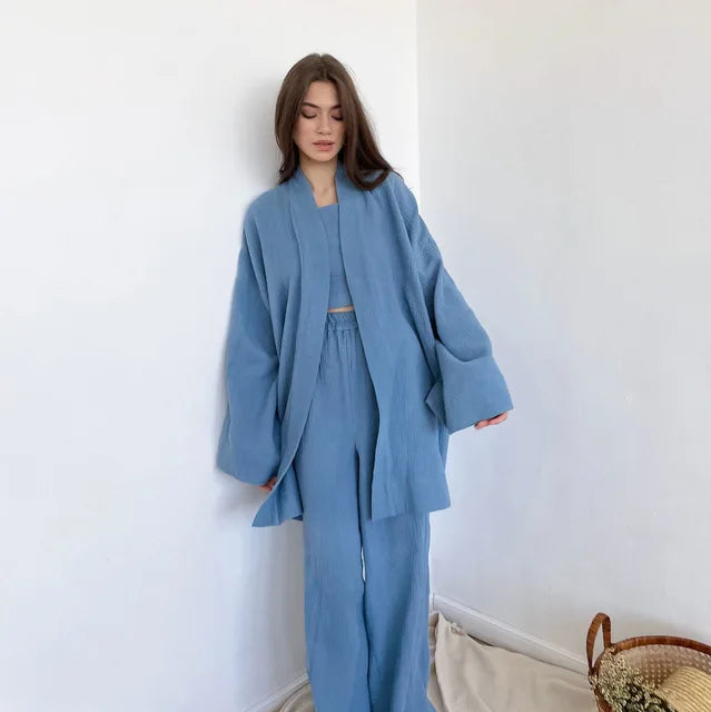 Silk Button-Down Long Sleepwear Set - Blue