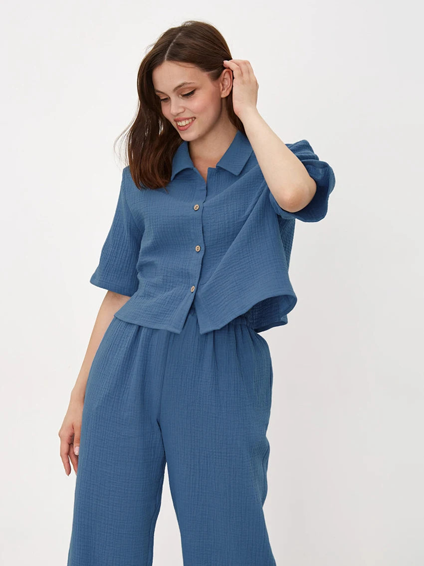 Dreamy Nights Collar Pajama Set - Blue