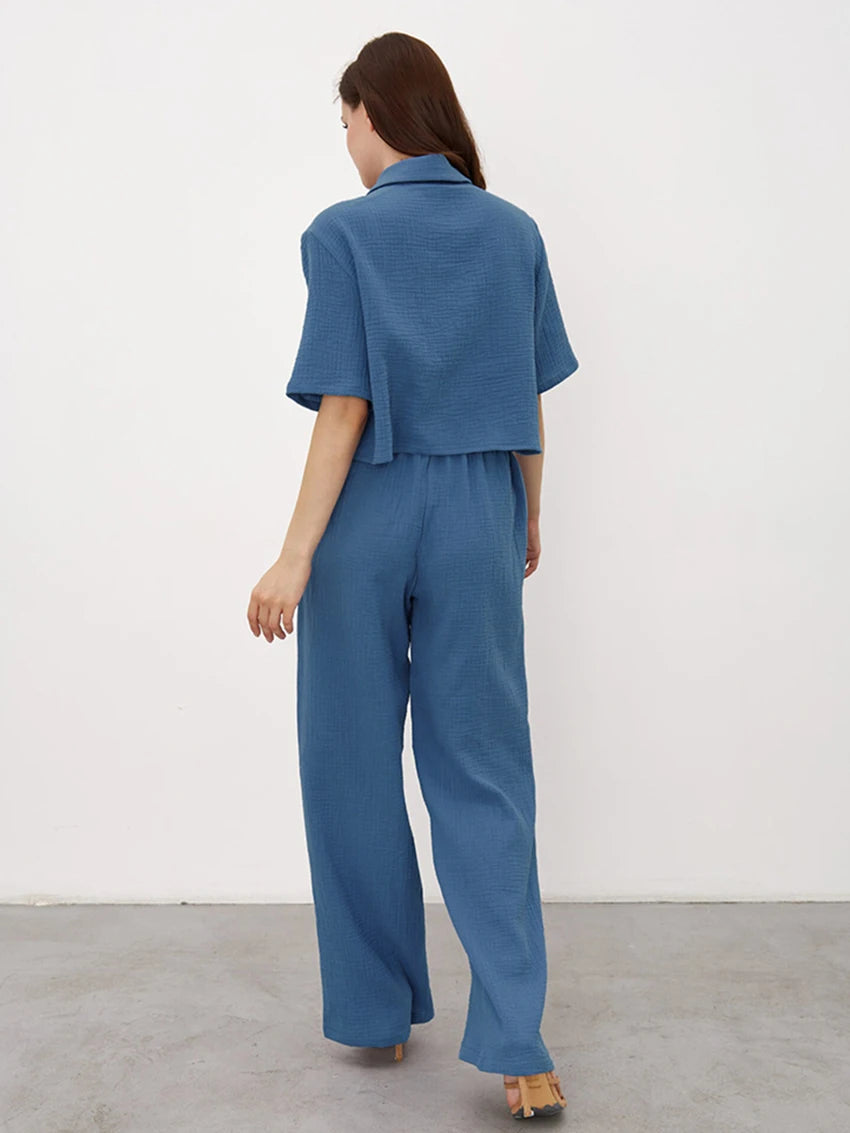 Dreamy Nights Collar Pajama Set - Blue