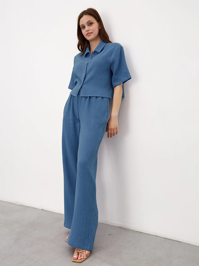 Dreamy Nights Collar Pajama Set - Blue